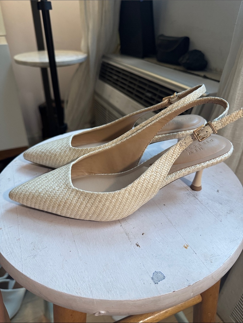 New Direction Beige Woven Pointed Slingback kitten heels
